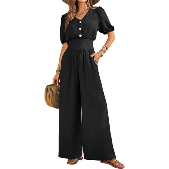 Womens Jumpsuits Short Sleeve V Neck Black